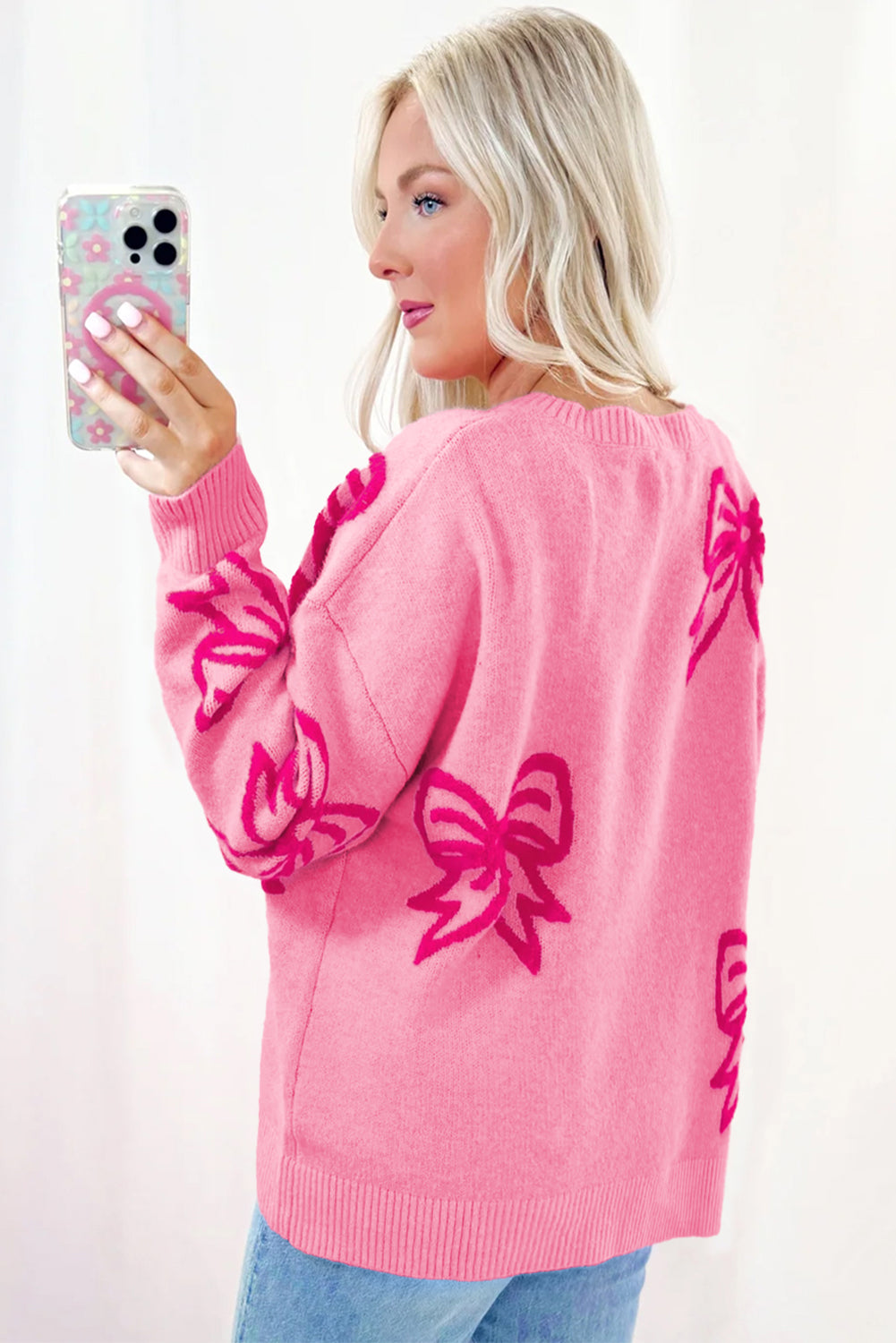 Pink Bow Pattern Drop Shoulder Loose Sweater - Viraxa