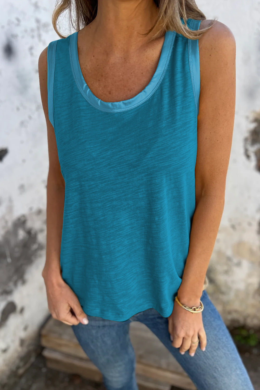 Peacock Blue Metallic Sheen Edge Scoop Neck Tank Top - Viraxa