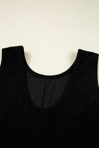 Black Corduroy Sleeveless Mini Dress With Patched Pockets