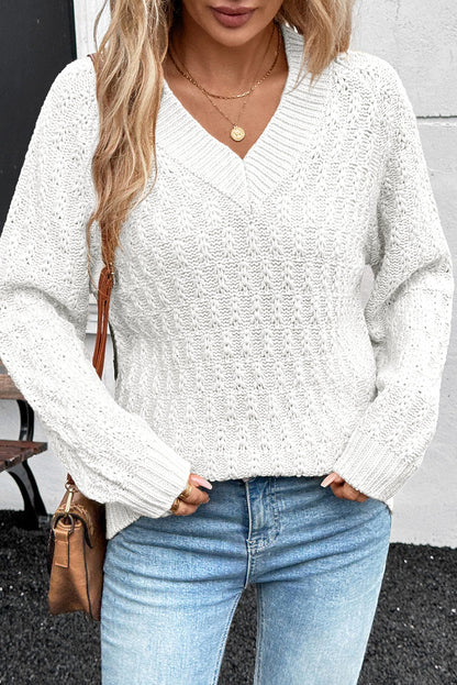 White Textured Knit Ribbed Edge V Neck Loose Sweater - Viraxa