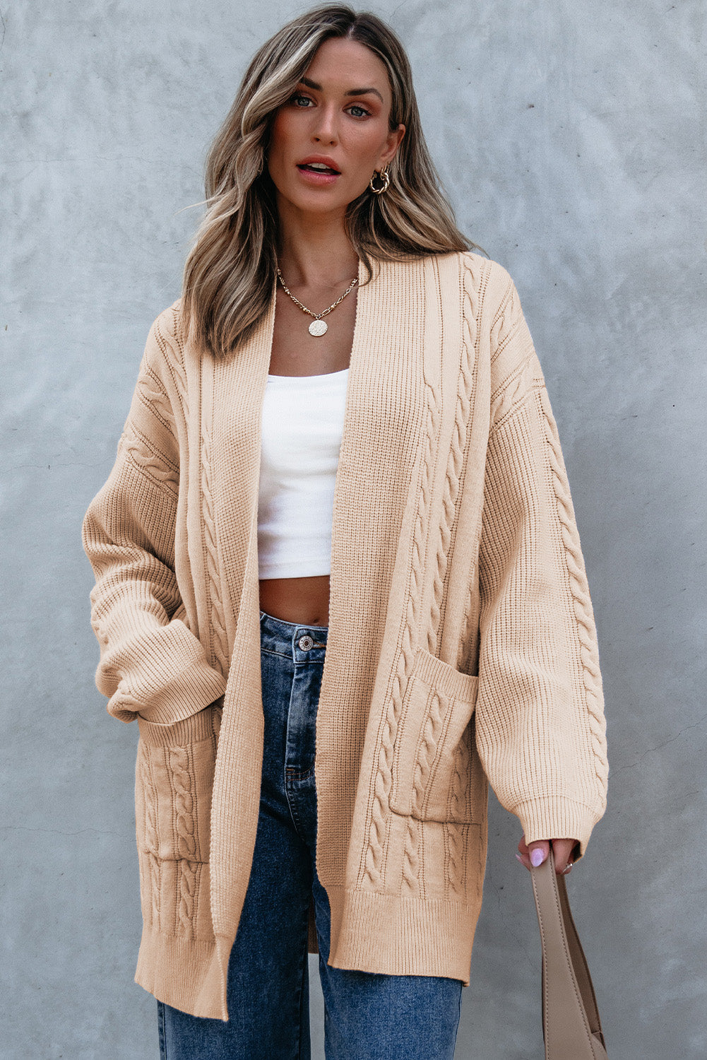 Parchment Oversize Chunky Cable Knit Open Front Midi-length Cardigan - Viraxa