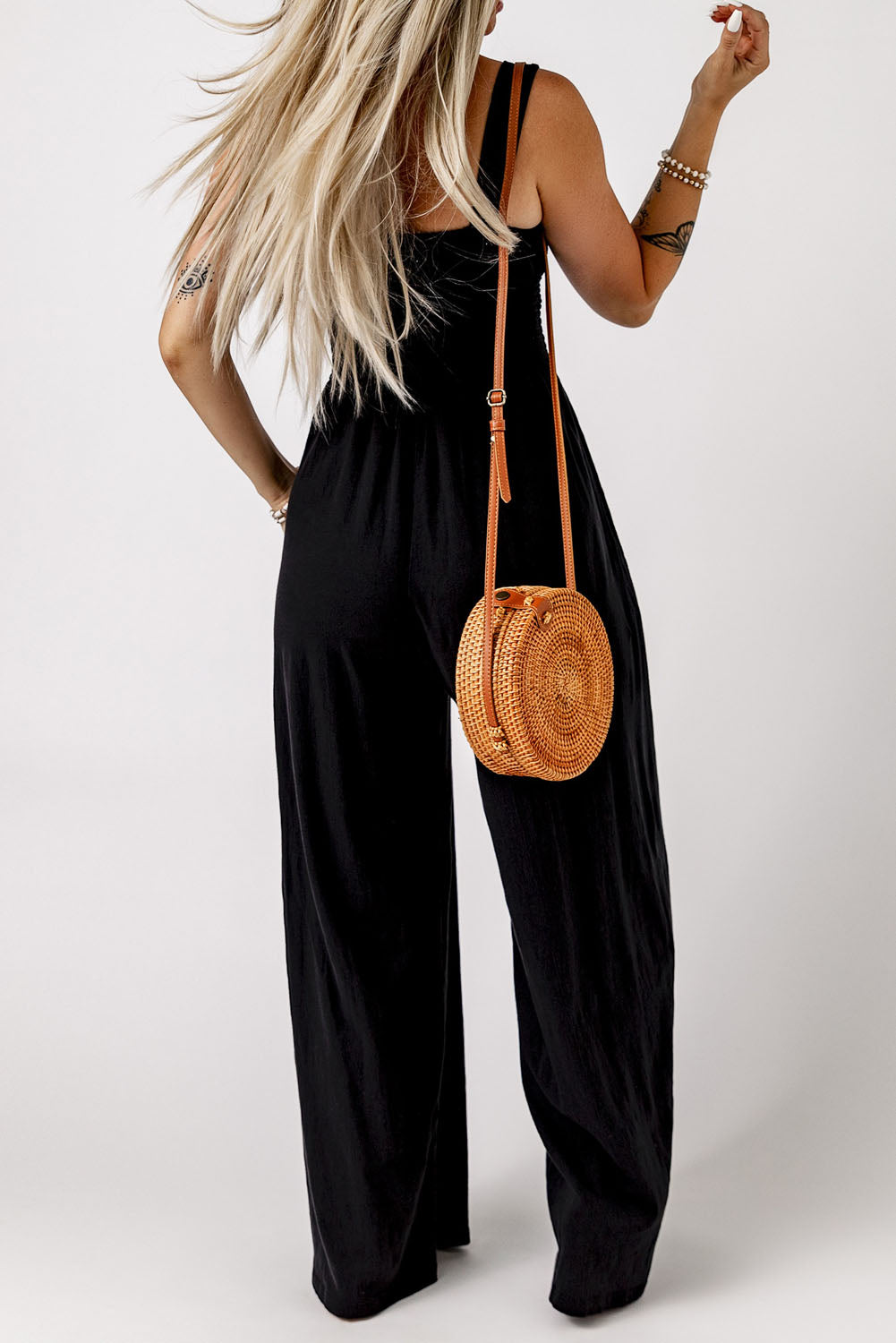 Black Smocked Sleeveless Wide Leg Jumpsuit with Pockets - Viraxa