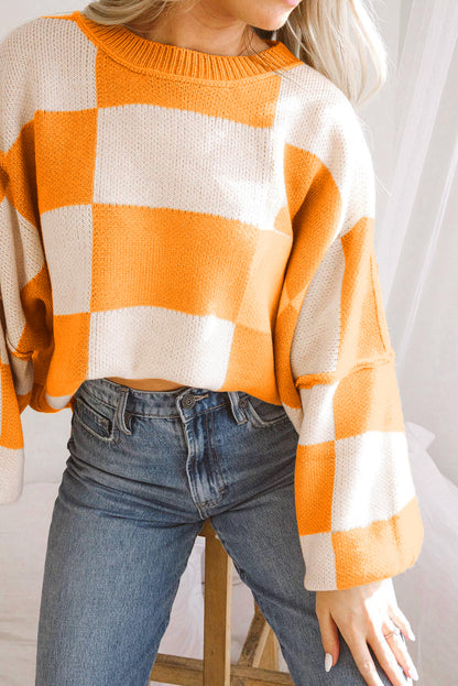 Orange Checkered Bishop Sleeve Sweater - Viraxa