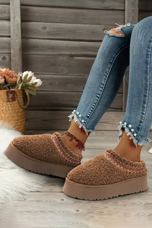 Chestnut Embroidered Sherpa Plush Thick Sole Snow Boots - Viraxa