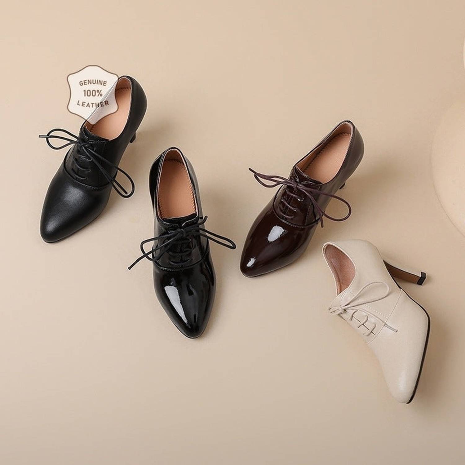 High Heel Lace-up Authentic Leather British Style Pointed Leather Shoes Mid Heel Loafers (Kopia) (Kopia) (Kopia) - Viraxa