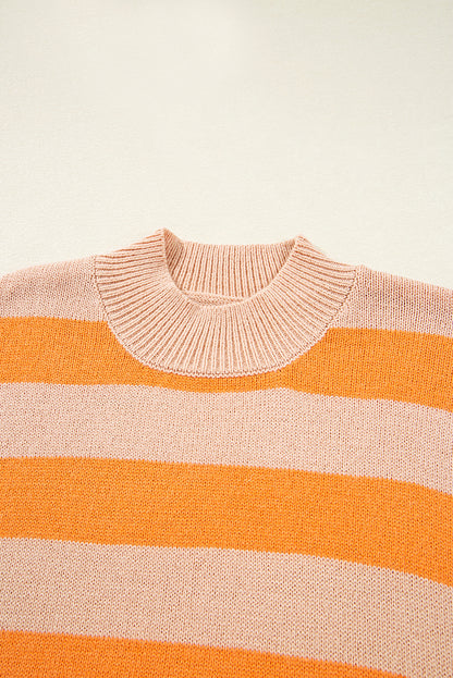 Orange Stripe Color Block High Neck Drop Shoulder Cozy Sweater - Viraxa