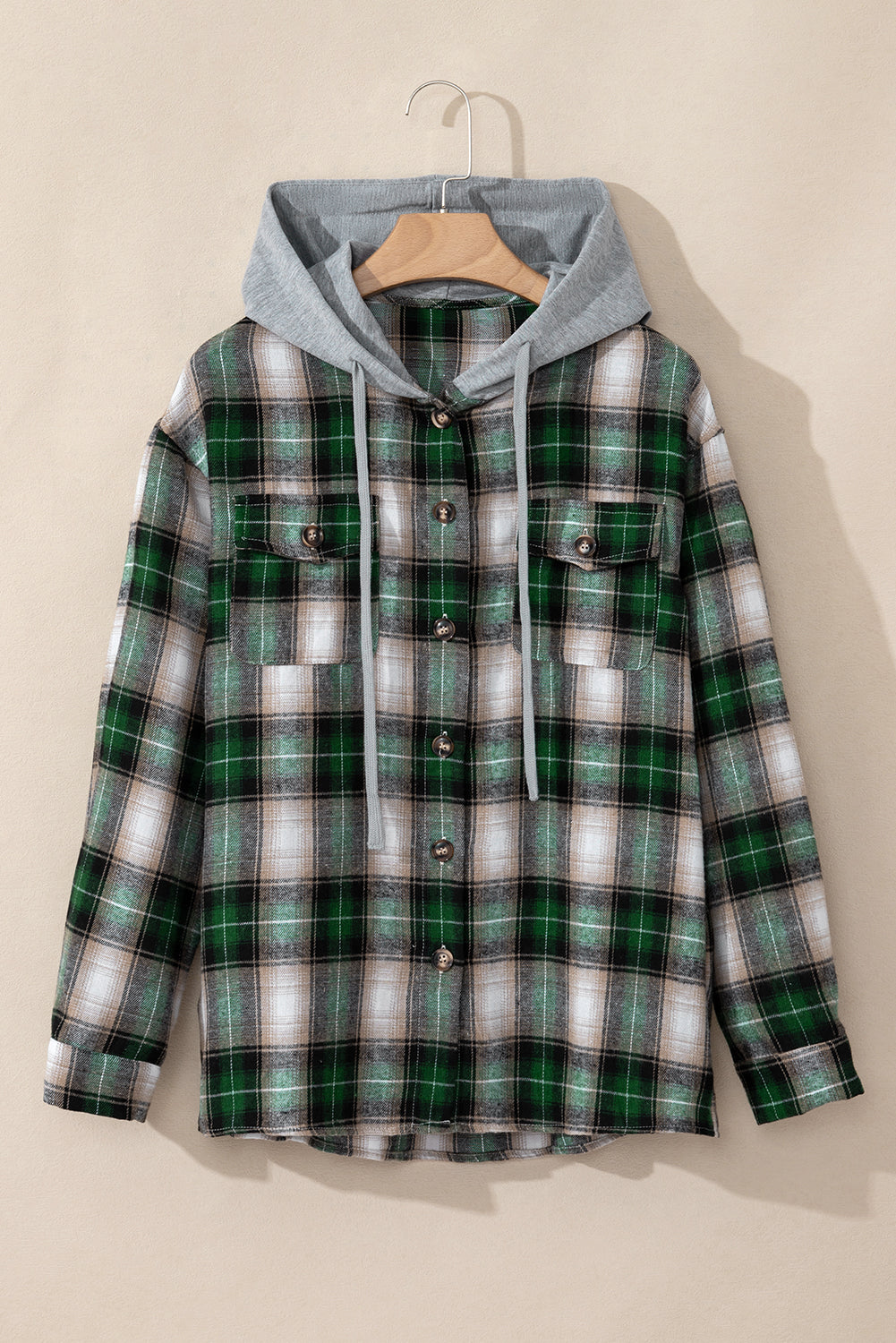 Green Plaid Print Chest Pocket Buttoned Hooded Shacket - Viraxa