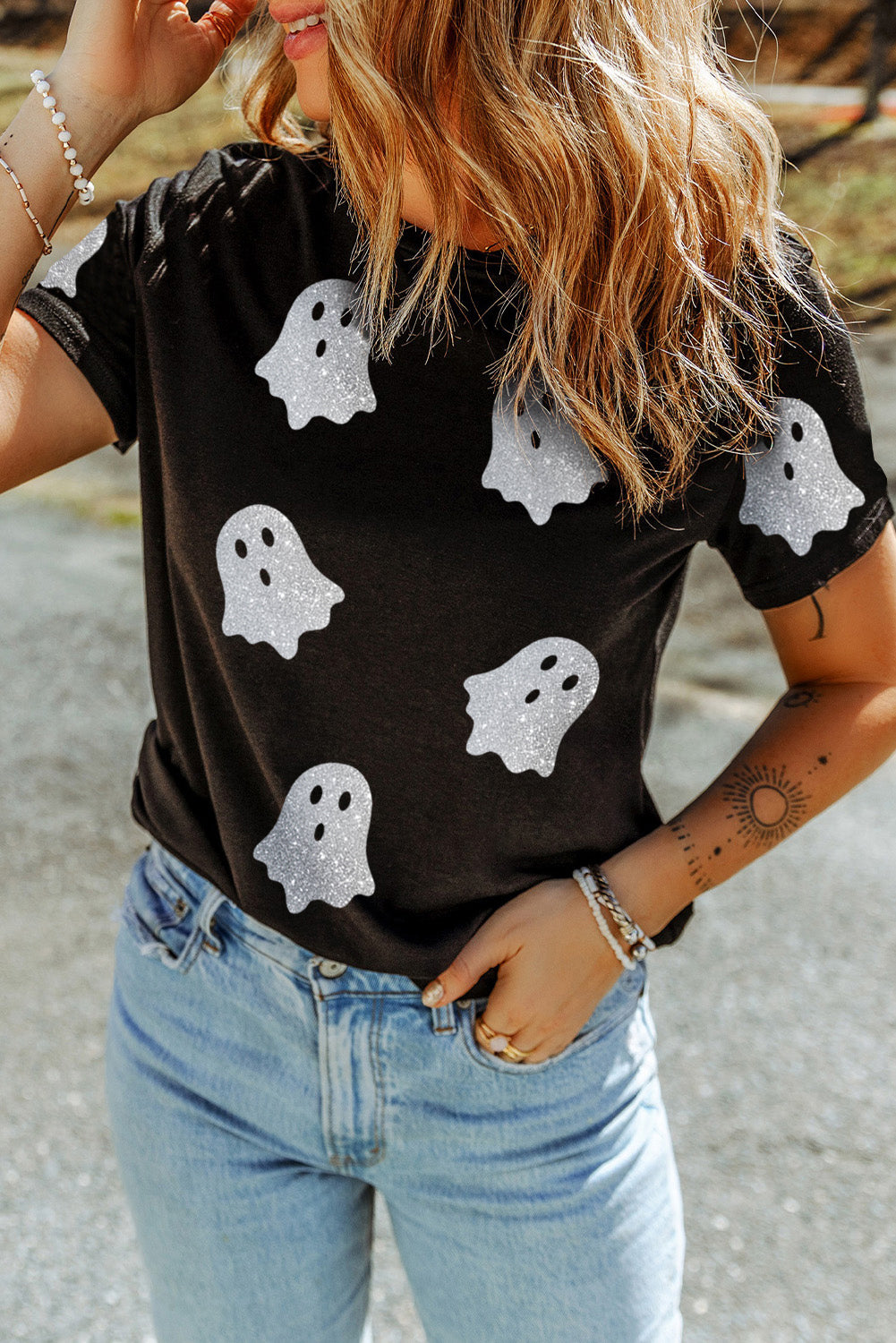 Black Glitter Ghost Pattern Crew Neck Halloween T Shirt - Viraxa