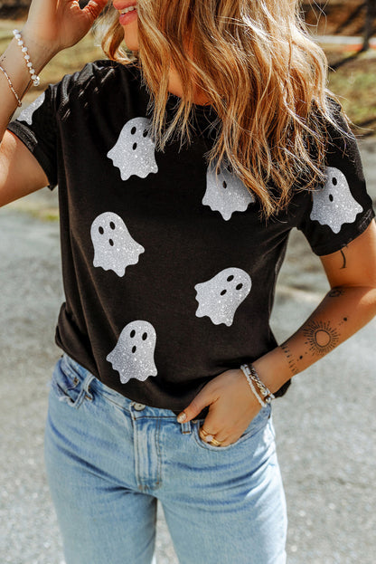 Black Glitter Ghost Pattern Crew Neck Halloween T Shirt - Viraxa