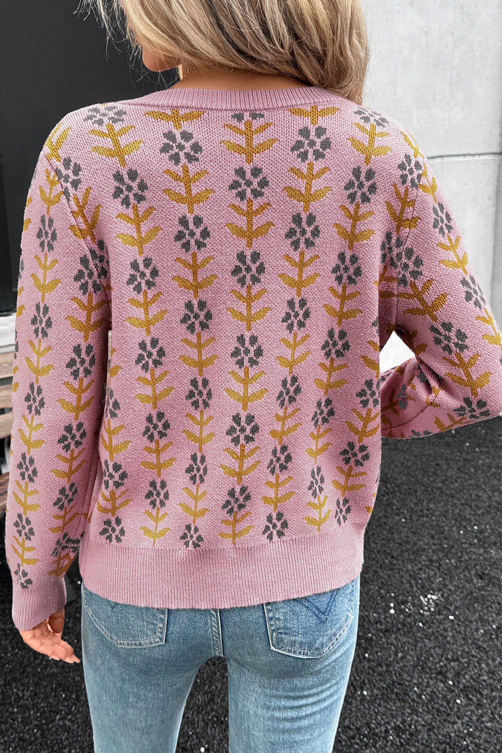 Pink Floral Button Down Ribbed Banded Cardigan Sweater - Viraxa