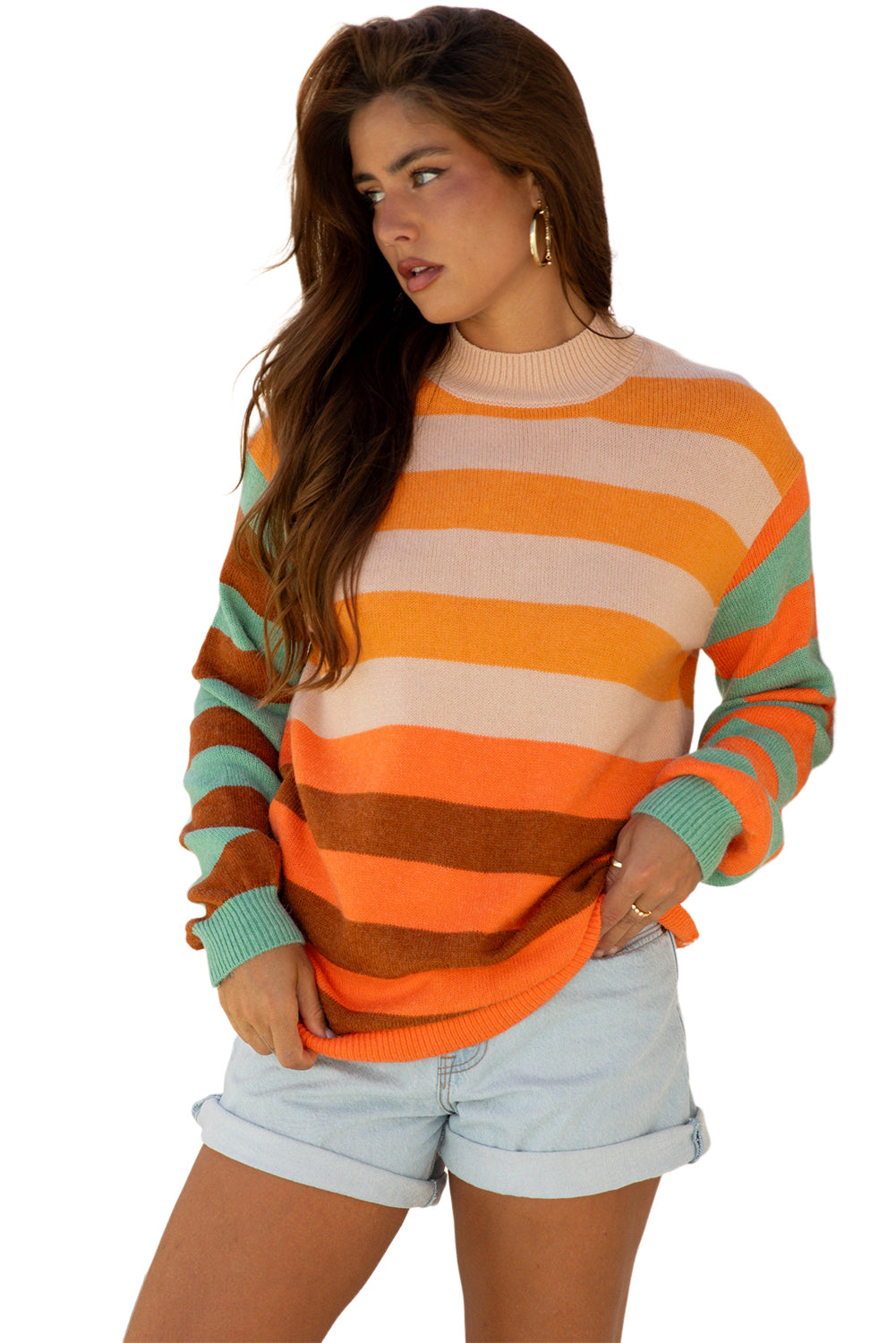Orange Stripe Color Block High Neck Drop Shoulder Cozy Sweater - Viraxa