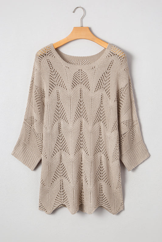Parchment Hollow Out Knit 7/8 Sleeve Casual Sweater - Viraxa