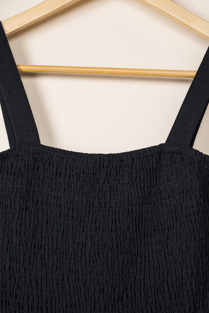 Black Smocked Sleeveless Wide Leg Jumpsuit with Pockets - Viraxa