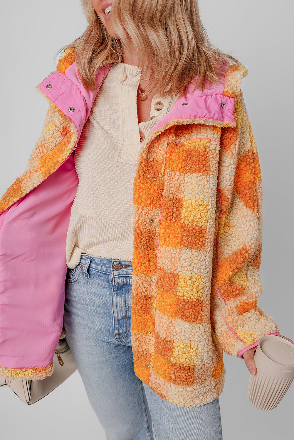 Orange Checkered Sherpa Hooded Jacket - Viraxa
