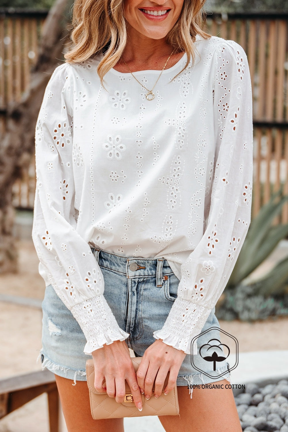 White Eyelet Embroidered Smocked Cuff Sheer Blouse