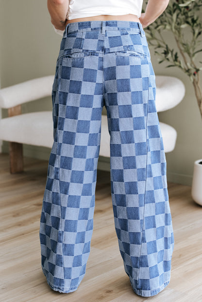Dusk Blue Checkered Denim Wide Leg Jeans - Viraxa
