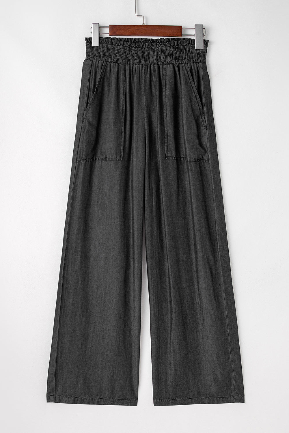 Black Side Pockets Frilled Smocked High Waist Wide Leg Jeans - Viraxa