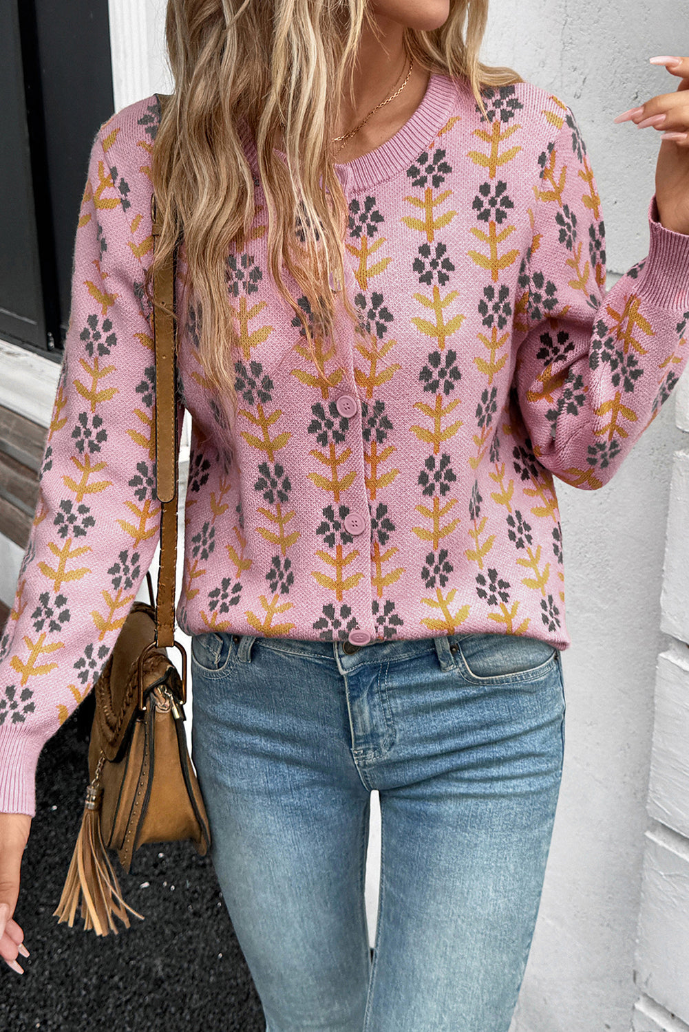 Pink Floral Button Down Ribbed Banded Cardigan Sweater - Viraxa