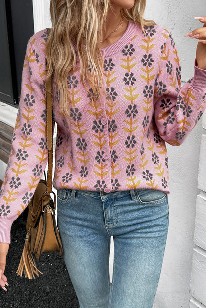 Pink Floral Button Down Ribbed Banded Cardigan Sweater - Viraxa