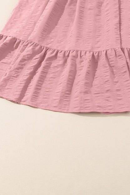 Pink Lace-up Ruched Front Long Sleeve Ruffle Hem Plus Size Midi Dress