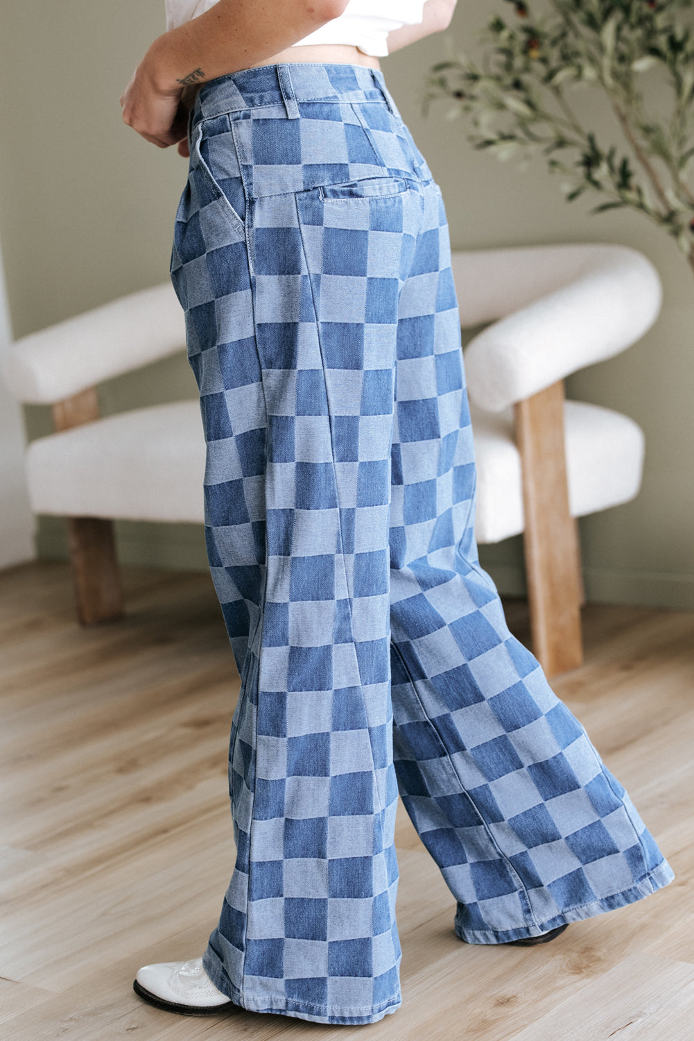 Dusk Blue Checkered Denim Wide Leg Jeans - Viraxa
