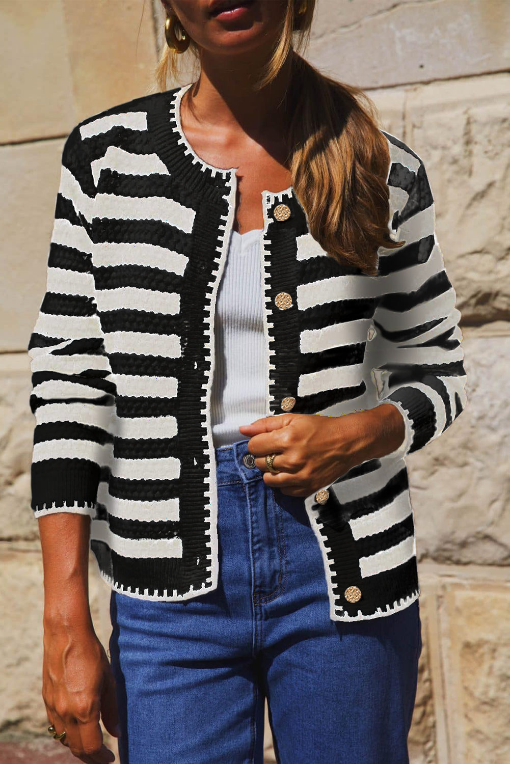 White Stripe Chic Golden Button Cardigan Sweater - Viraxa
