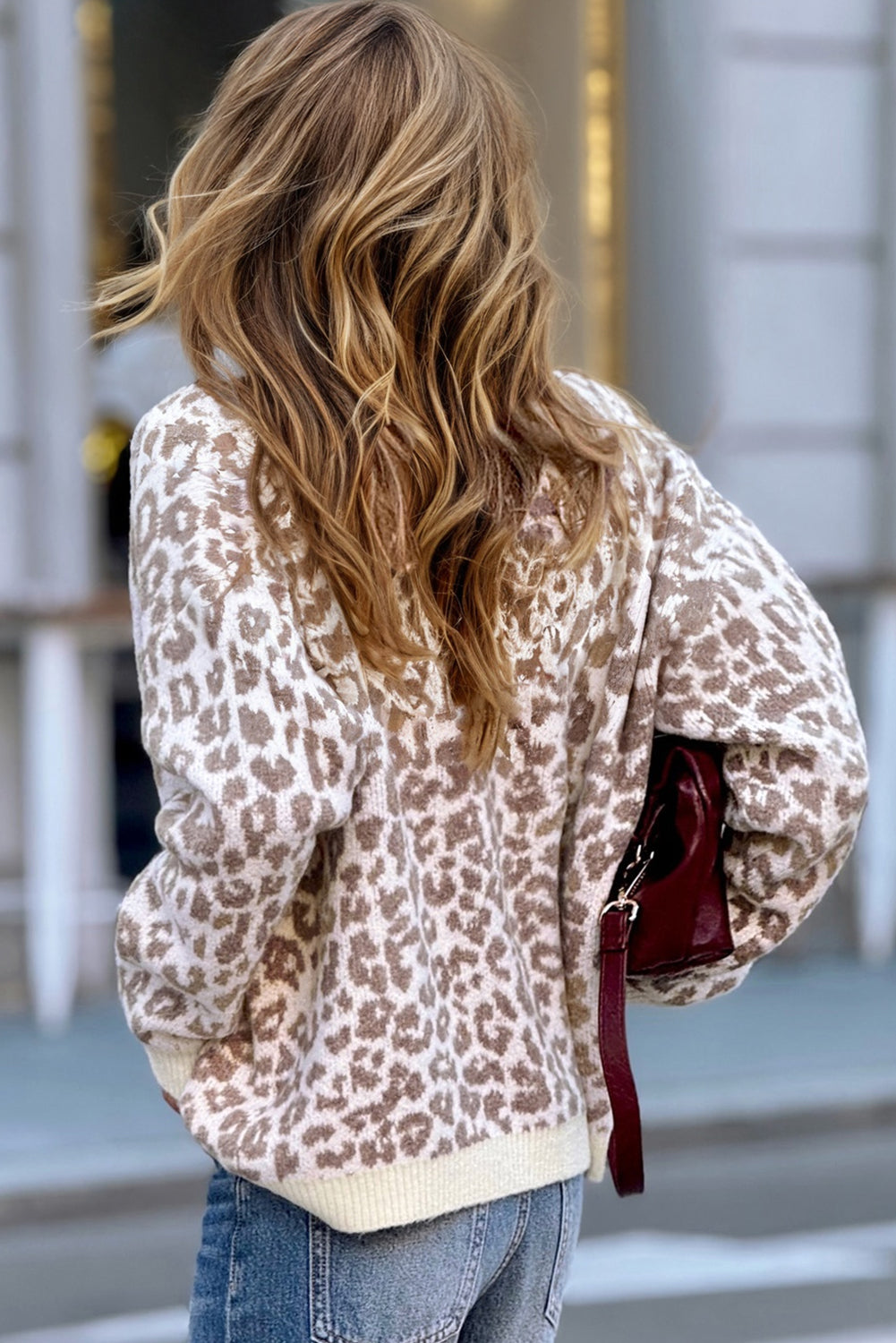 Khaki Leopard Drop Shoulder Chunky Knitted Cardigan Sweater - Viraxa
