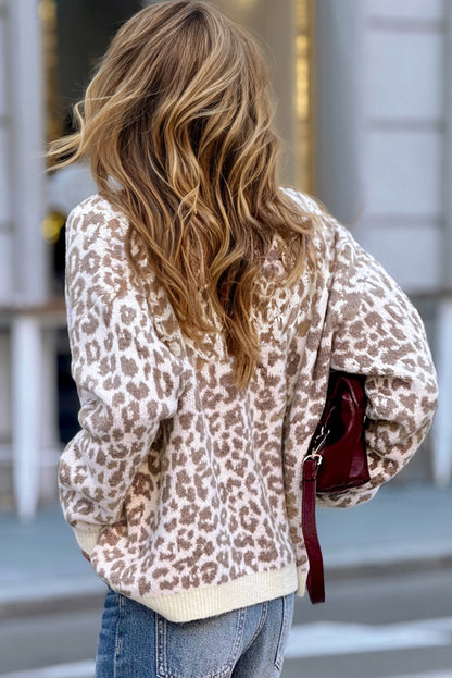 Khaki Leopard Drop Shoulder Chunky Knitted Cardigan Sweater - Viraxa