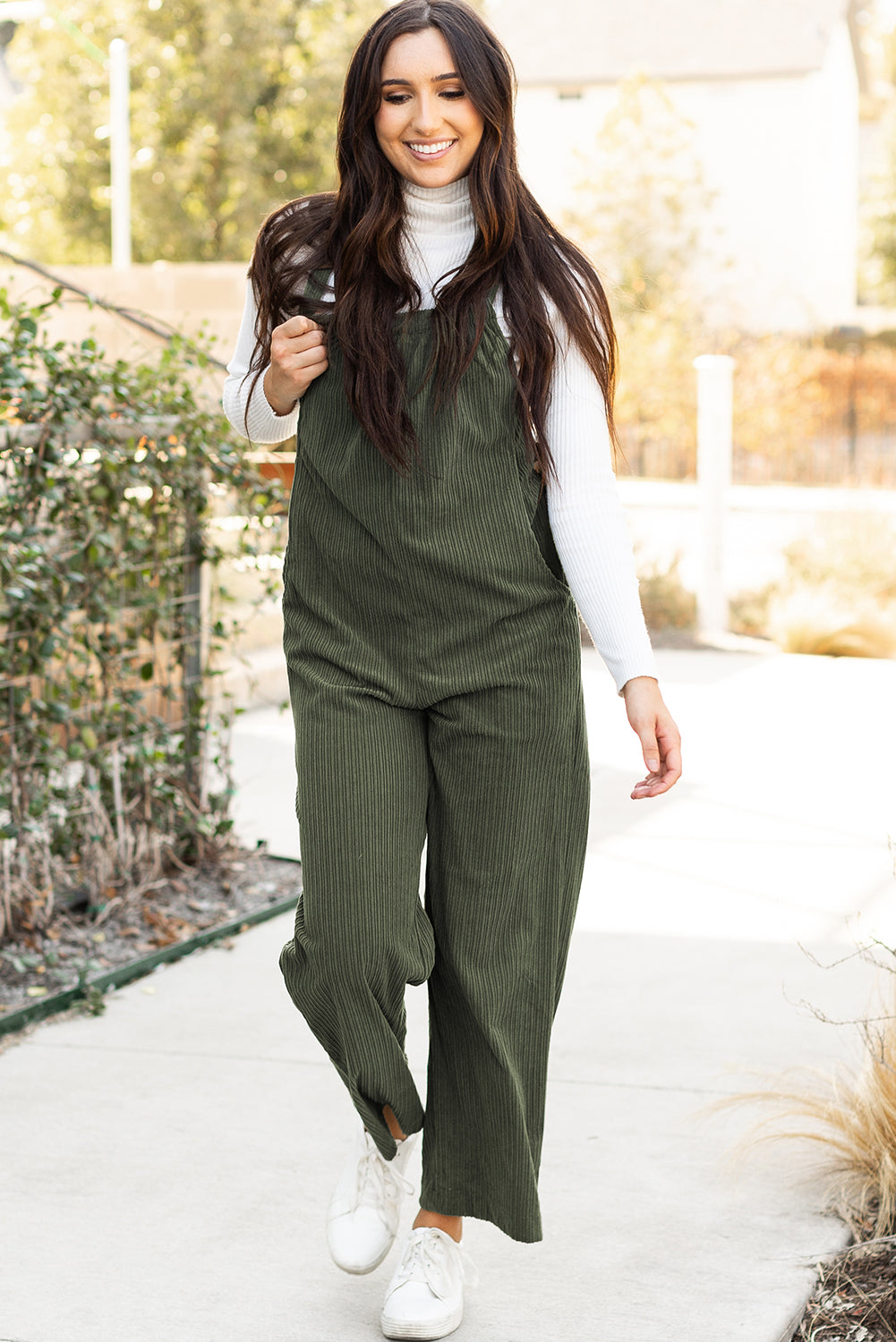 Jungle Green Solid Pocketed Loose Fit Corduroy Overall - Viraxa