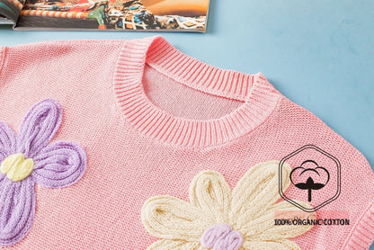 Pink Multi Crochet Flower Knit Short Sleeve Sweater Top