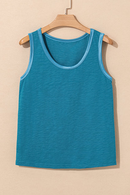 Peacock Blue Metallic Sheen Edge Scoop Neck Tank Top - Viraxa