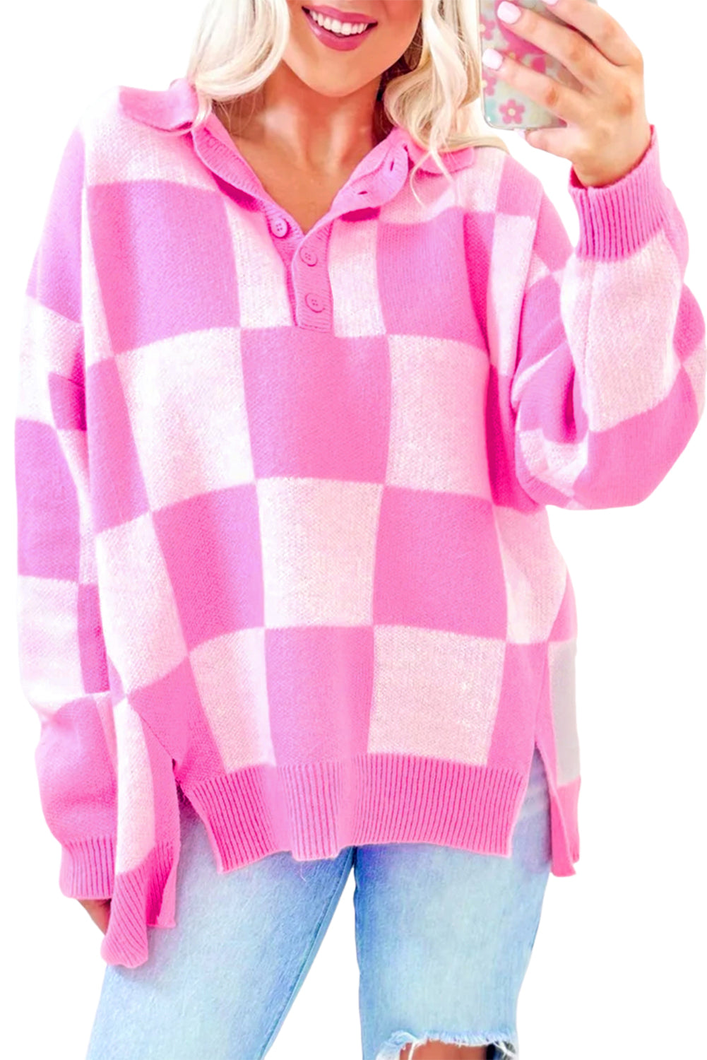 Pink Checkerboard Half Button Collared Drop Shoulder Sweater - Viraxa