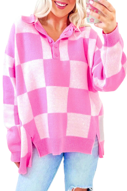 Pink Checkerboard Half Button Collared Drop Shoulder Sweater - Viraxa