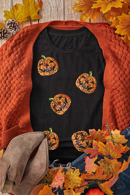 Black Sequin Pumpkin Face Halloween T Shirt - Viraxa
