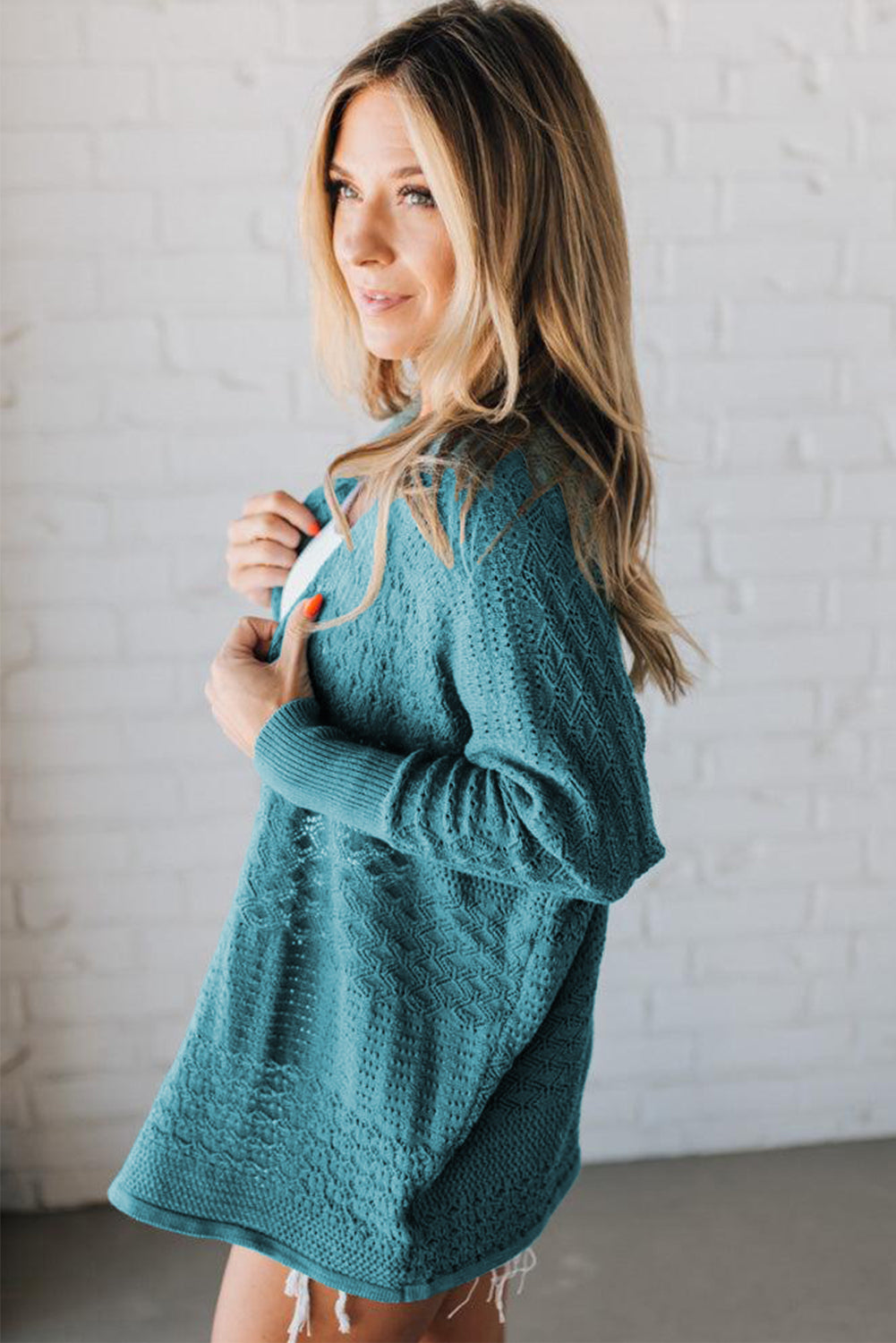 Lapis Mix Pattern Hollowed Knit Open Front Cardigan - Viraxa