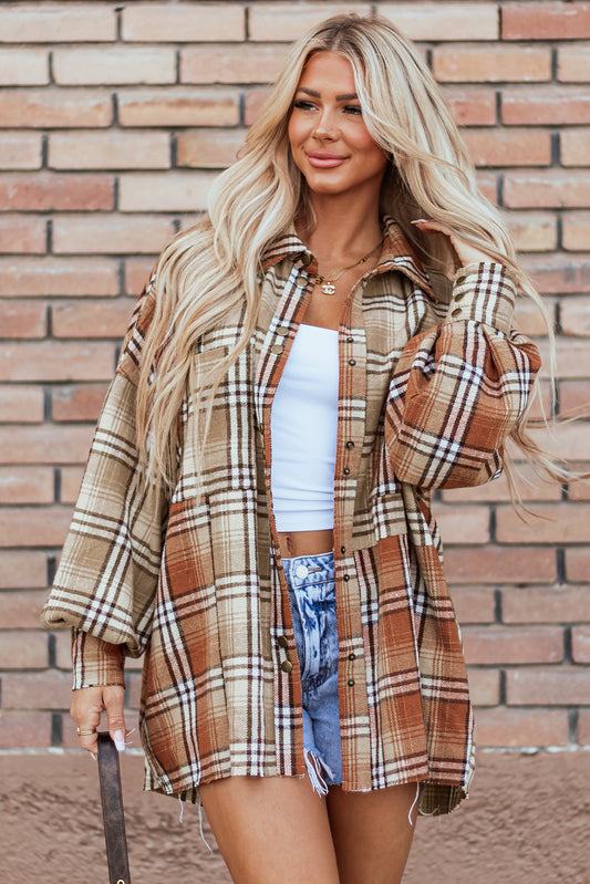 Khaki Plaid Colorblock Patchwork High Low Shacket - Viraxa