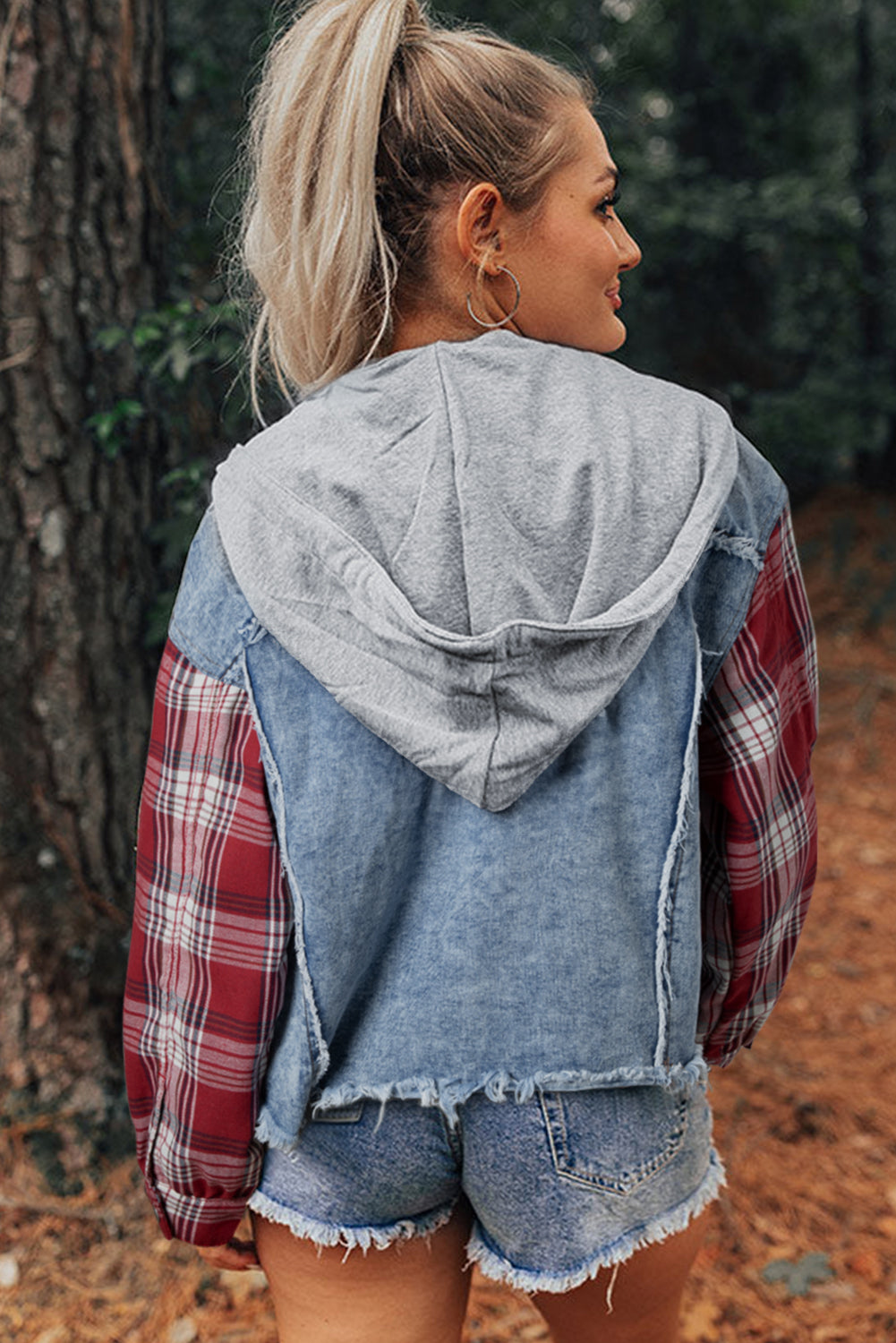 Beau Blue Plaid Print Patchwork Hooded Raw Hem Denim Jacket - Viraxa