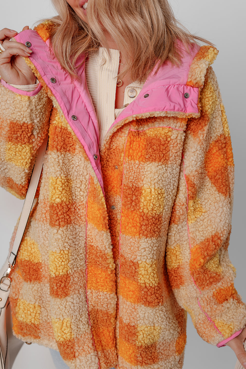 Orange Checkered Sherpa Hooded Jacket - Viraxa