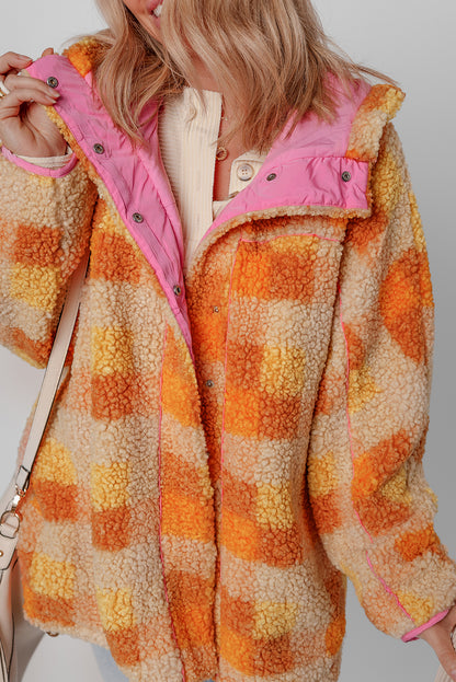 Orange Checkered Sherpa Hooded Jacket - Viraxa