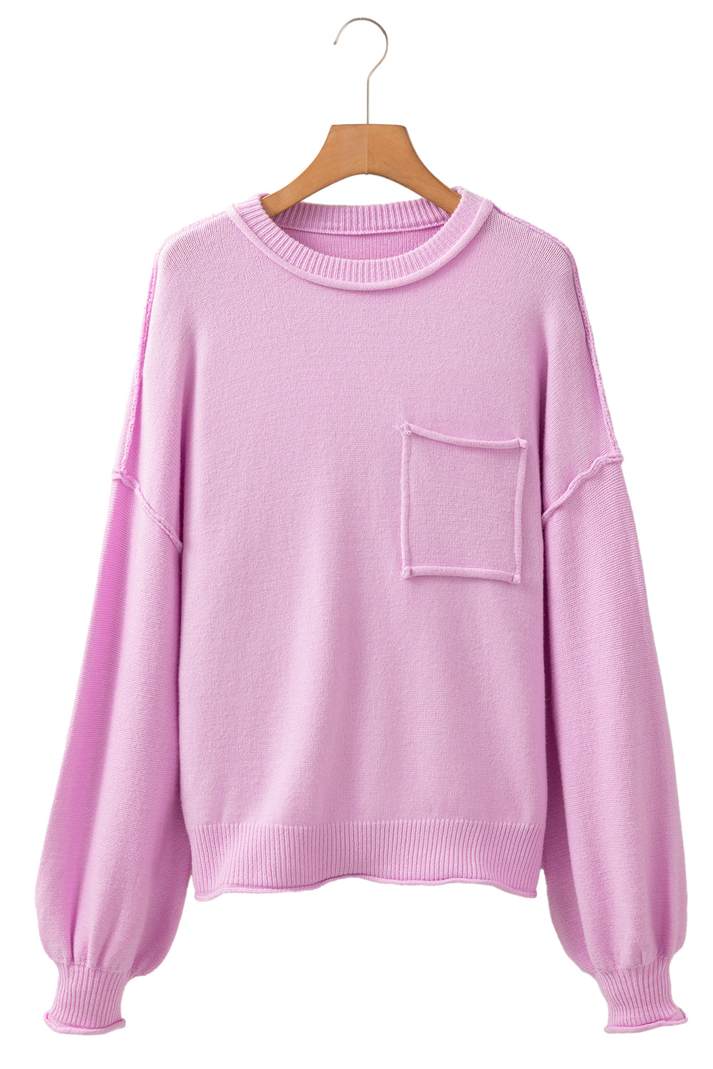 Pink Raw Edge Ribbed Detail Drop Shoulder Sweater - Viraxa