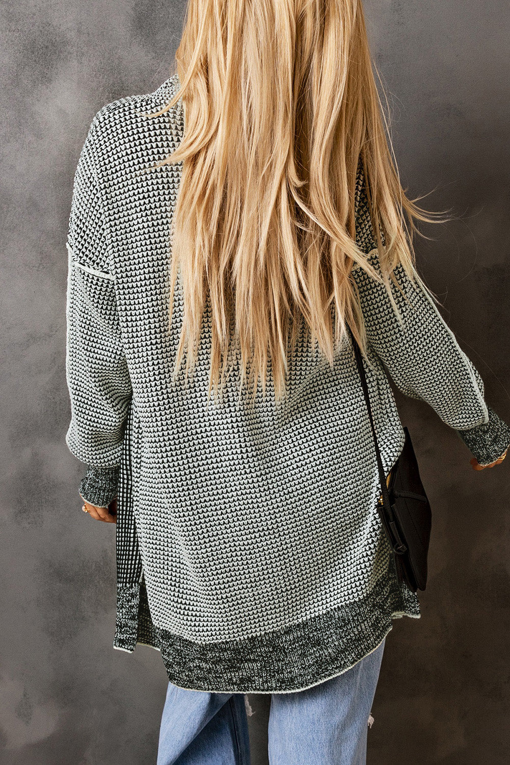 Gray Plaid Knitted Long Open Front Cardigan - Viraxa