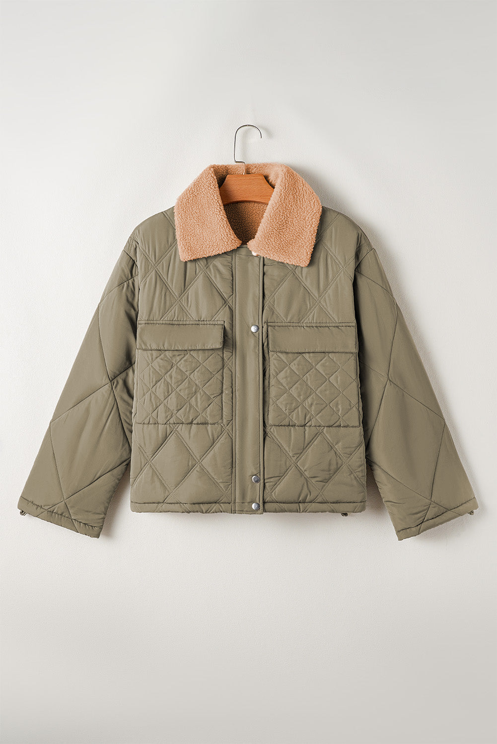 Jungle Green Teddy Collar Flap Pockets Quilted Puffer Jacket - Viraxa