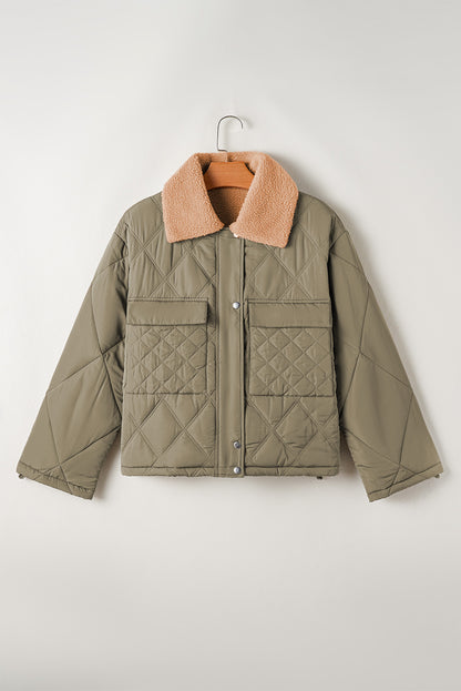 Jungle Green Teddy Collar Flap Pockets Quilted Puffer Jacket - Viraxa