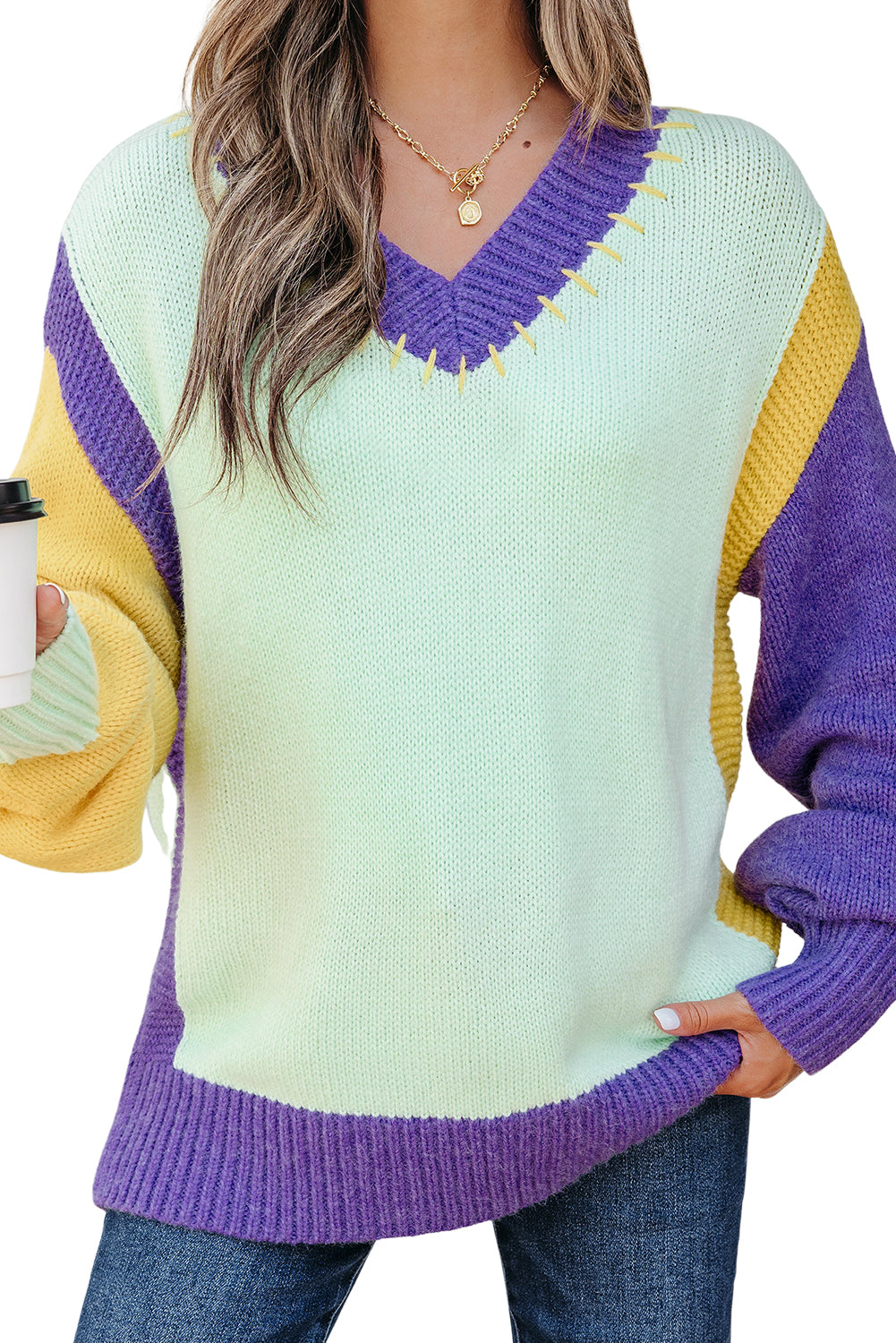 Green Stitched V Neck Color Block Knitted Drop Shoulder Sweater - Viraxa