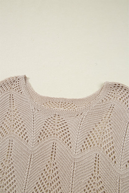 Parchment Hollow Out Knit 7/8 Sleeve Casual Sweater - Viraxa