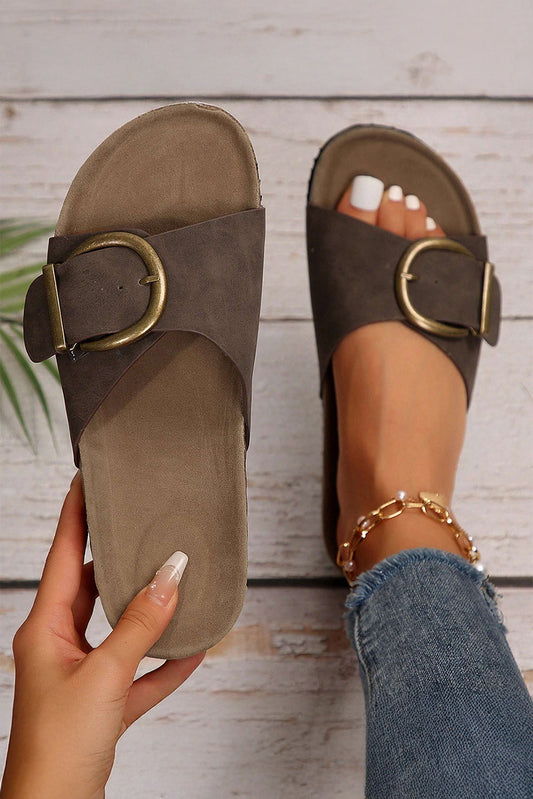 Coffee Buckle Decor Faux Suede Thick Sole Slippers - Viraxa