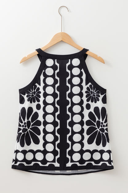 Black Abstract Dot Flower Print Tank Top - Viraxa