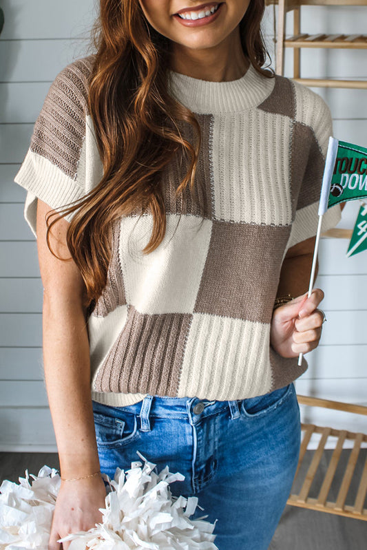 Khaki Checkered Color Block Crew Neck Short Sleeve Sweater - Viraxa