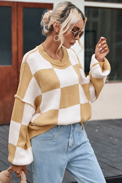 Khaki Checkered Bishop Sleeve Sweater - Viraxa