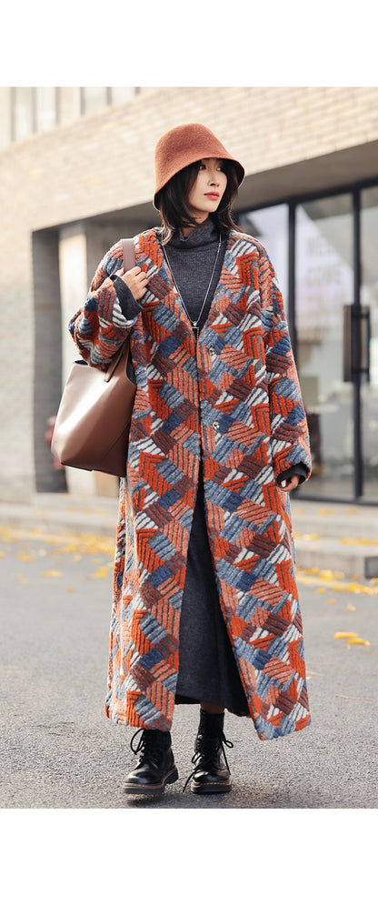 Women's Three-dimensional Jacquard Wool Blended Loose Overcoat Coat